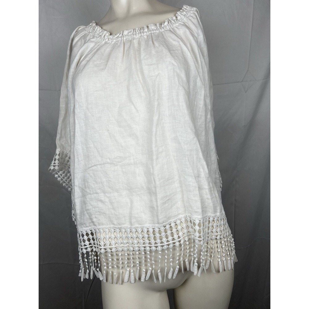 Spense Womens Off Shoulder Linen Blouse Top Size White Fringe Trim 3/4 Sleeve M